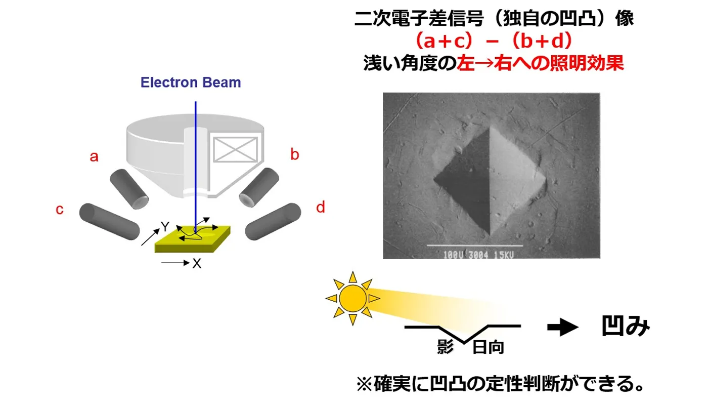 組成情報を排除し、凹凸コントラストだけの画像に。凹凸感の曖昧な通常のSEM像、画像から確実に凹凸の判断ができ、さらに形状測定も行える。